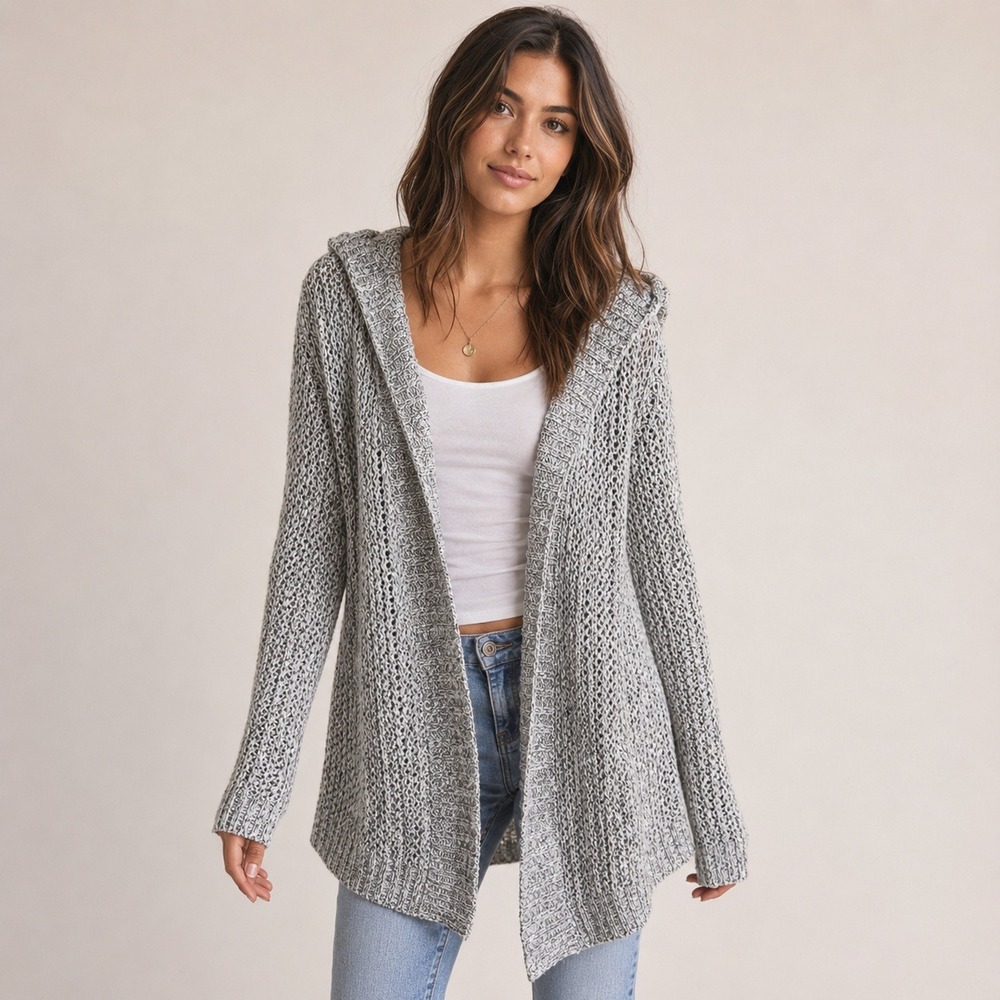 Hollister Hooded Knit Cardigan Sweater Womens Gray Marl Open Front Boho‎ Medium